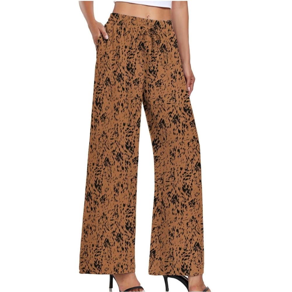 Women's Coffee Leopard Print Brown Black Pants w/ Pockets & Elastic Waist, 2X